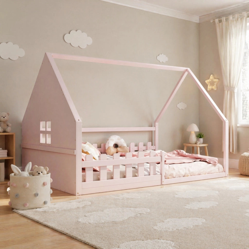 Letto per bambini a forma di casa 140x200 cm, rosa, con sponde