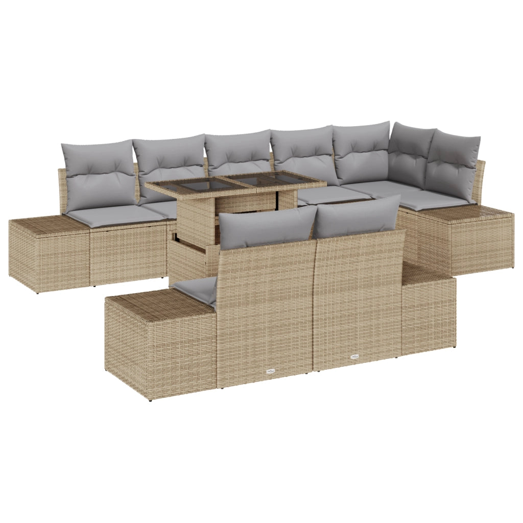 Set di divani da giardino 9 pezzi con cuscini beige in polyrattan