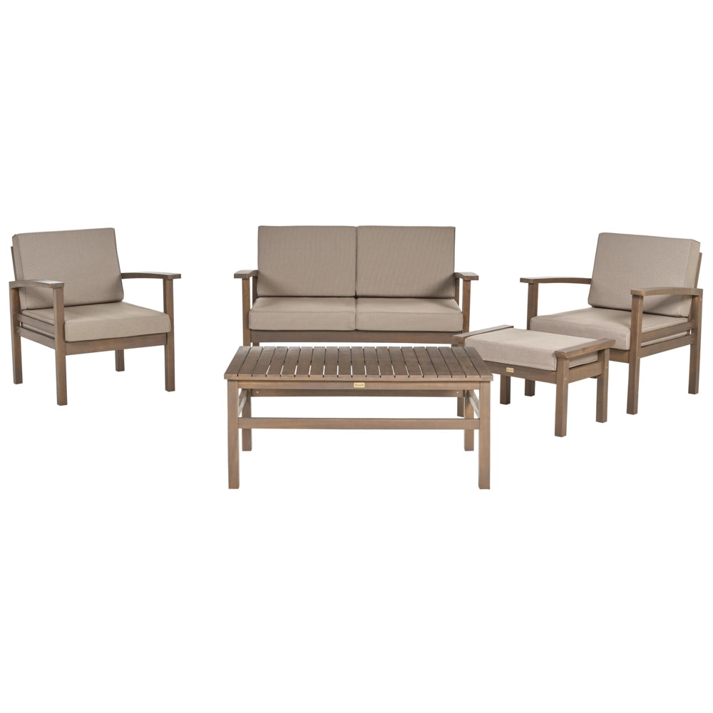 Set Divani Da Giardino Taupe Cuscini In marrone scuro Di Acacia Certificato 4 Posti Con Tavolo Set