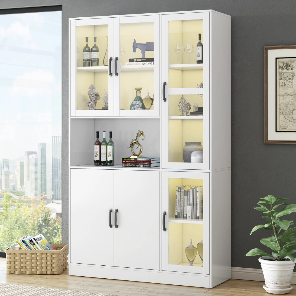 Libreria vetrina bianca con LED, ante in vetro HD, 9 vani, 120x40x200 cm, mobile contenitore multiuso
