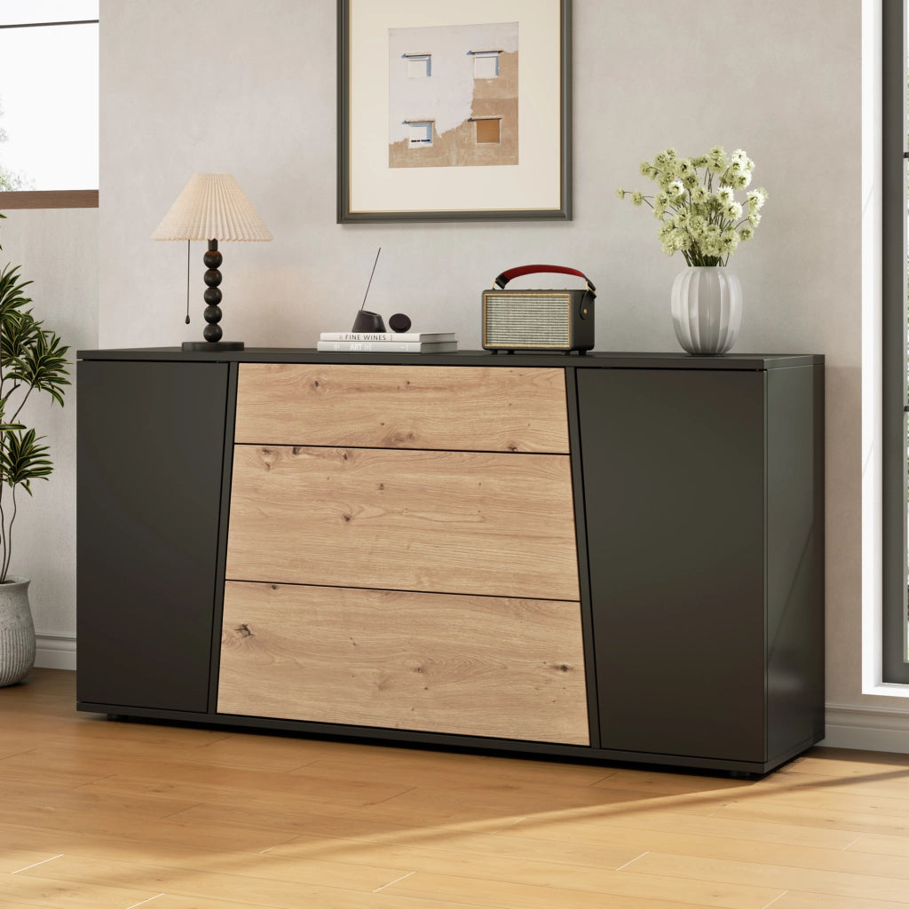 Credenza moderna 140 cm mobile buffet nero e legno con cassetti e ante