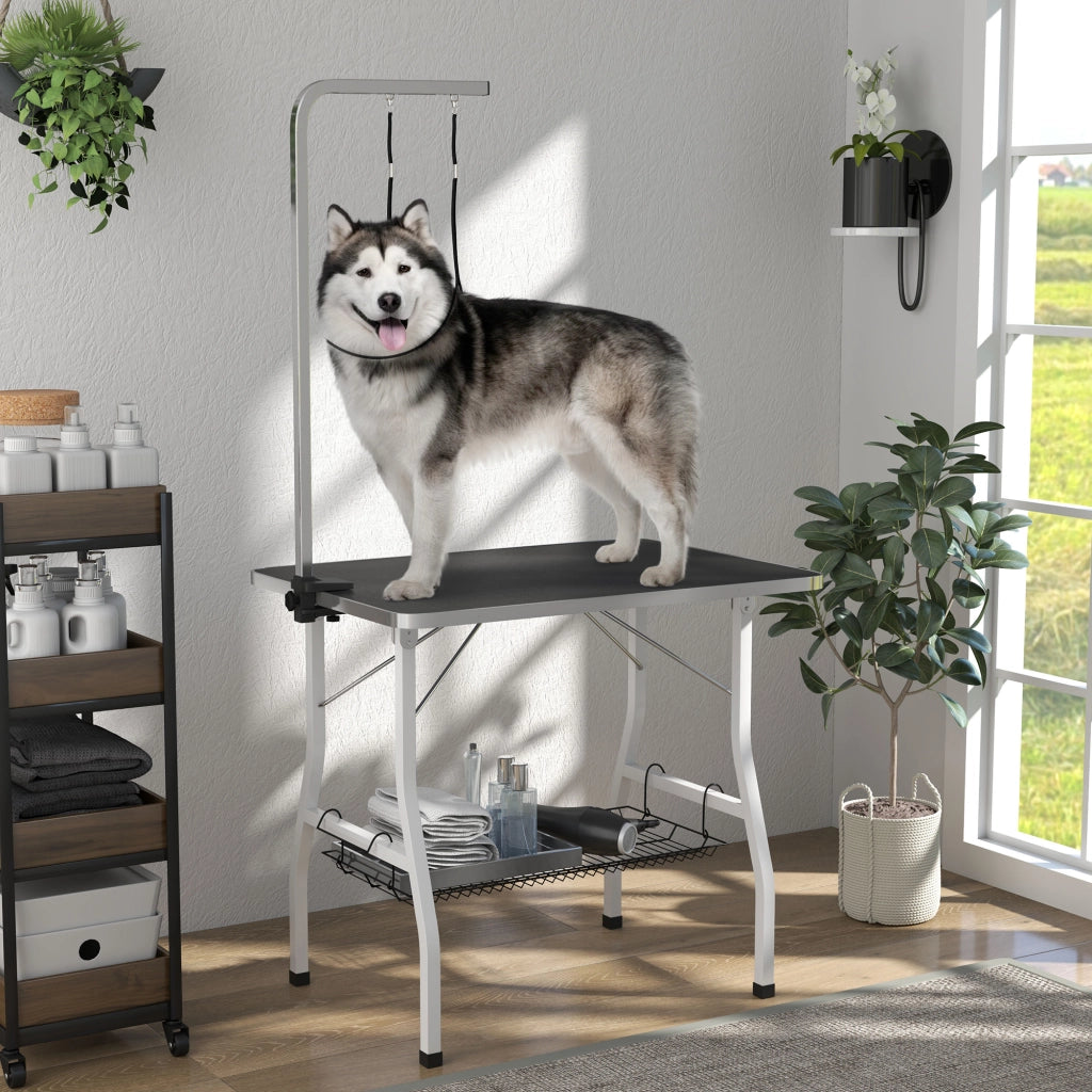Tavolo da toelettatura per cani pieghevole con piano antiscivolo in gomma e 2 cinturoni ¨C zephmum ¨C 90x60x76 cm nero