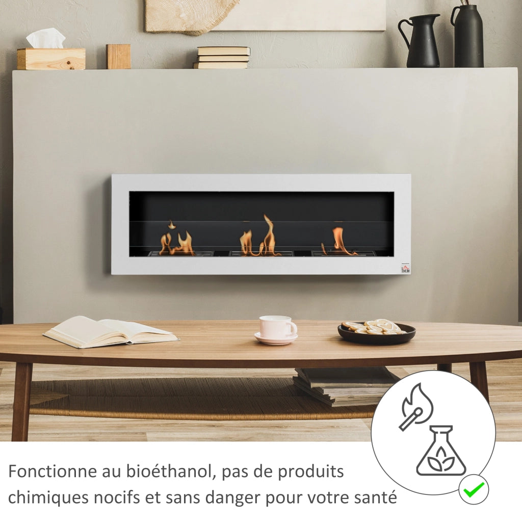 Caminetto bioetanolo da parete incasso 3 bruciatori ¨C Xylo ¨C 120x15x40 cm acciaio inox bianco