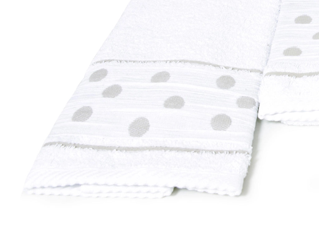 Set Asciugamano Copiola Salvietta Bagno In Spugna 100% Cotone Mod Pois Bianco