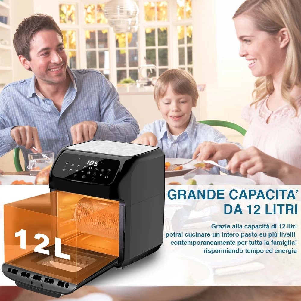 Friggitrice Aria Calda Air Fryer 12 L 1800W Display LCD 12 Programmi con Accessori Argento e Nero