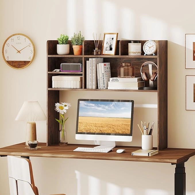 Libreria da Scrivania, Scaffale da Scrivania con 6 Ripiani in Legno, Scomparto Aperto per Monitor 32", Espositore per Dormitori Uffici Studio, 94 x 24 x 85 cm (Marrone)