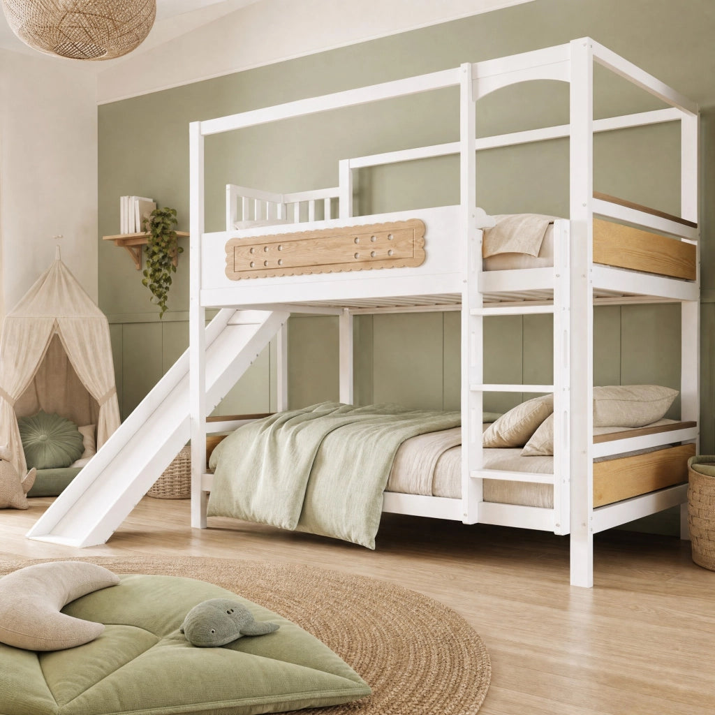 LETTO a castello 90x200 cm in legno bianco e naturale con scivolo e scala