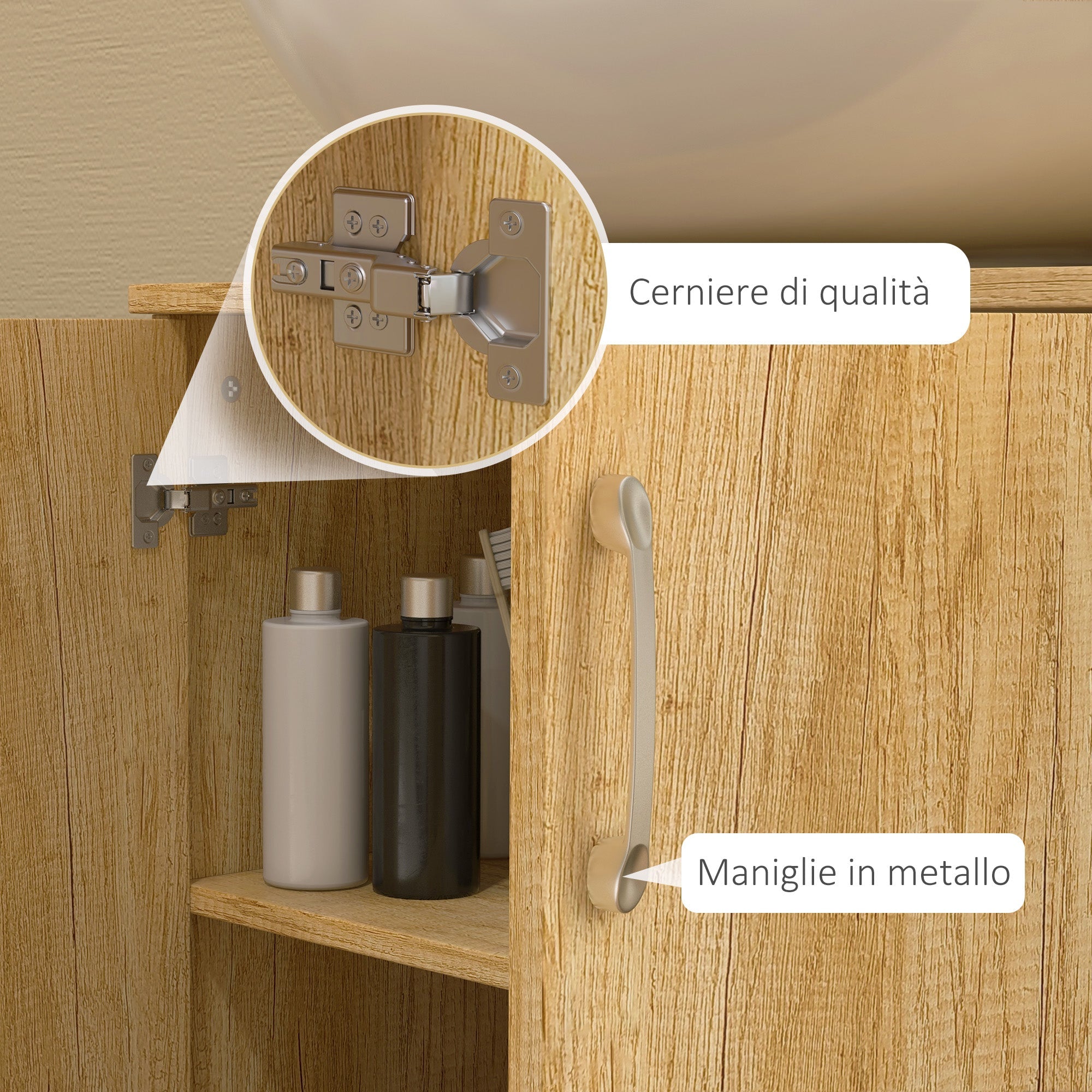 Mobile Sottolavello da Bagno Sospeso 2 Ante e 2 Ripiani 60x30x60 cm Colore Naturale