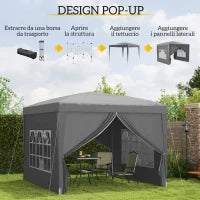 Gazebo da Esterno 3x3 m Pieghevole con 4 Pannelli Laterali, in Acciaio e Tessuto Oxford Grigio