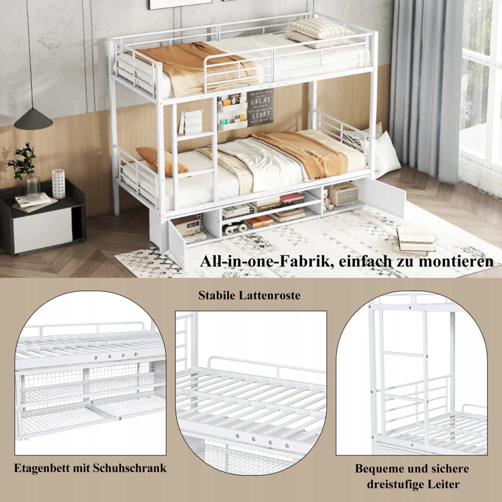 Letto a castello in metallo 90x200 - Xylo - Bianco con armadio e scala