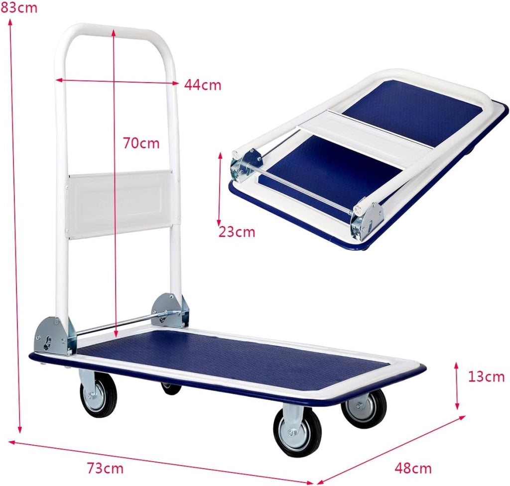 Carrello Pieghevole per Trasporto, Carrello Pieghevole con Piattaforma con Ruote Girevoli a 360°, Capacità di Peso 150 kg, per Garage, Magazzino (Blu + Bianco)