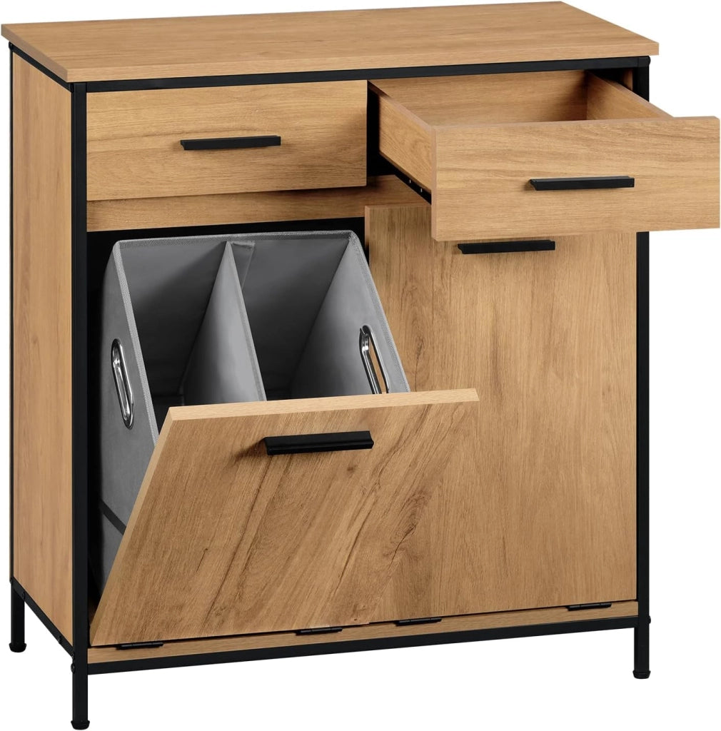 Mobile da Bagno con 2 Cassetti e 2 Sacchi per la Biancheria, in MDF con Struttura in Metallo, Rovere Chiaro + Nero, 72,5x34x80 cm