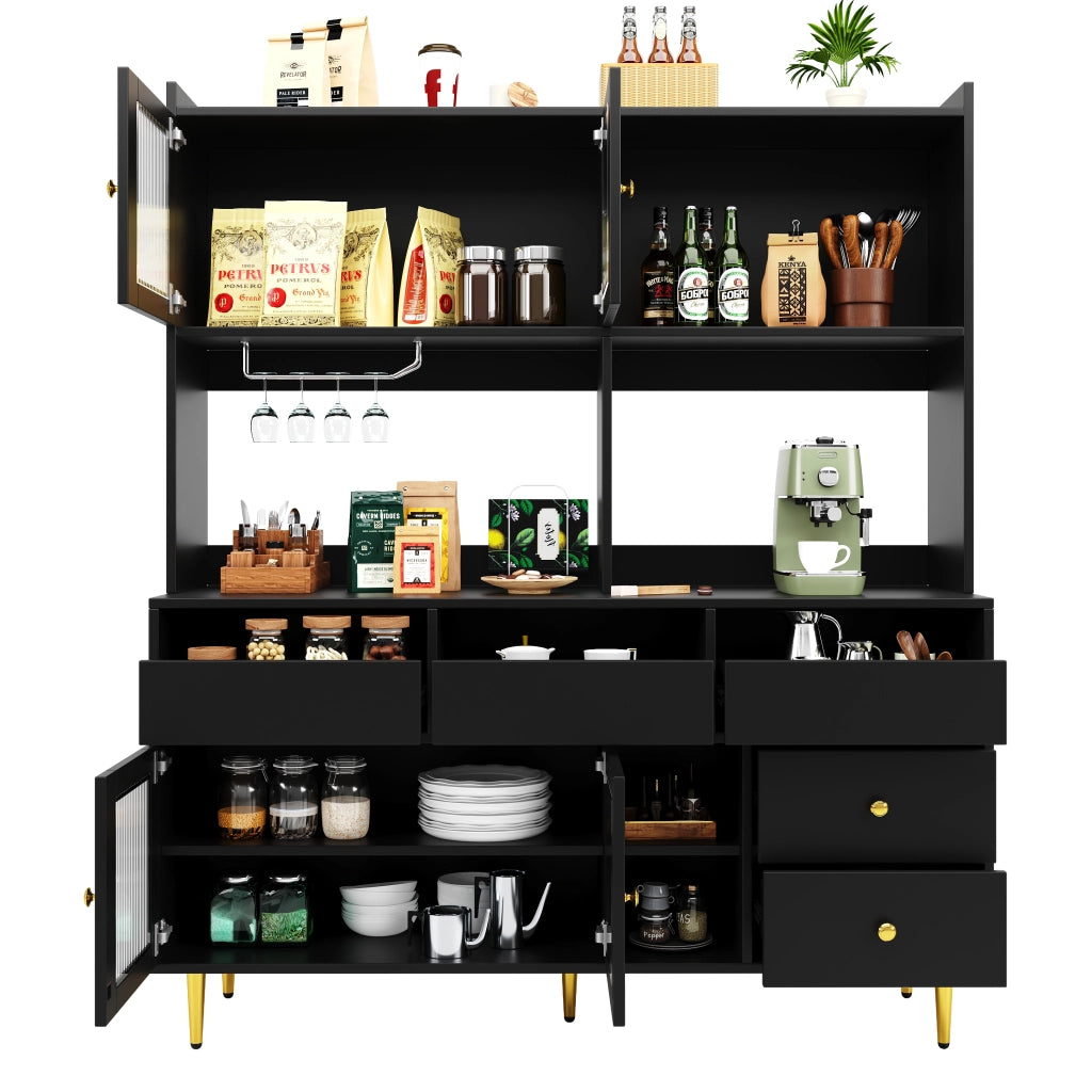 Credenza Alta da Pranzo con Ante in Vetro e Portabicchieri ¨C MINIMAL ¨C Nero con Decoro Oro 145x39x171