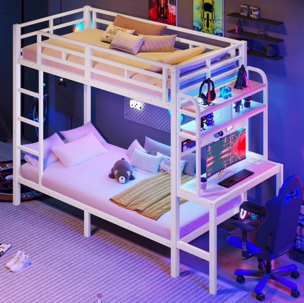 Letto a castello 90x200 cm in metallo e MDF; con scrivania; ripiani; LED e USB; bianco