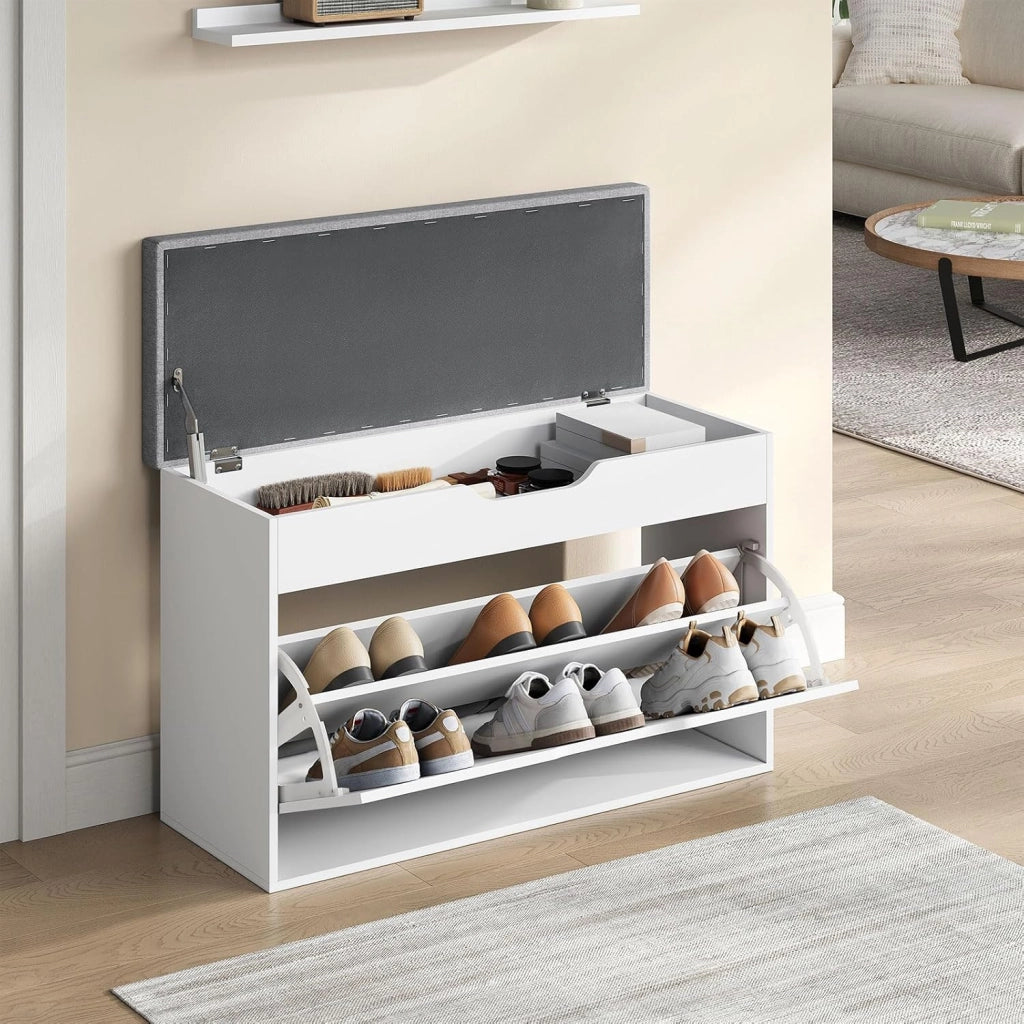 Panca Scarpiera da Ingresso, Porta Scarpe con Cassetto Ribaltabile a 2 Livelli e Scomparto Nascosto, per Ingresso, Camera da Letto, Soggiorno, Corridoio, 80x30x51 cm, Bianco + Grigio