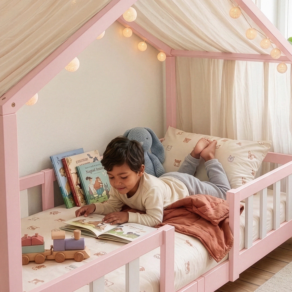 Letto per Cameretta Treviolo a Forma di Casetta in Stile Montessori 90x200 cm Rosa/Bianco [en.casa]