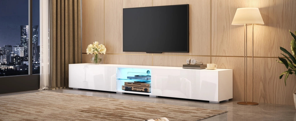 Mobile porta TV con LED controllata da app, 2 ante a ribalta e vano aperto, per soggiorno, bianco, 200 × 30 × 30 cm