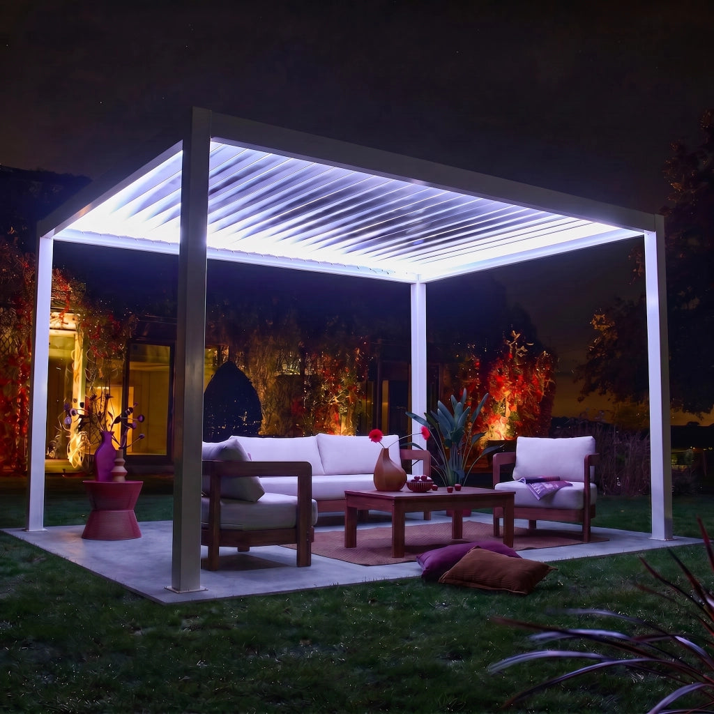 Pergola bioclimatica elettrica 3x4m in alluminio con illuminazione a