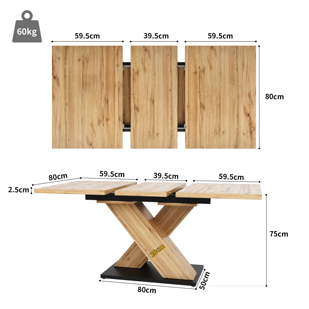 Tavolo allungabile in MDF con piano estensibile e gambe incrociate per cucina e soggiorno, colore legno naturale