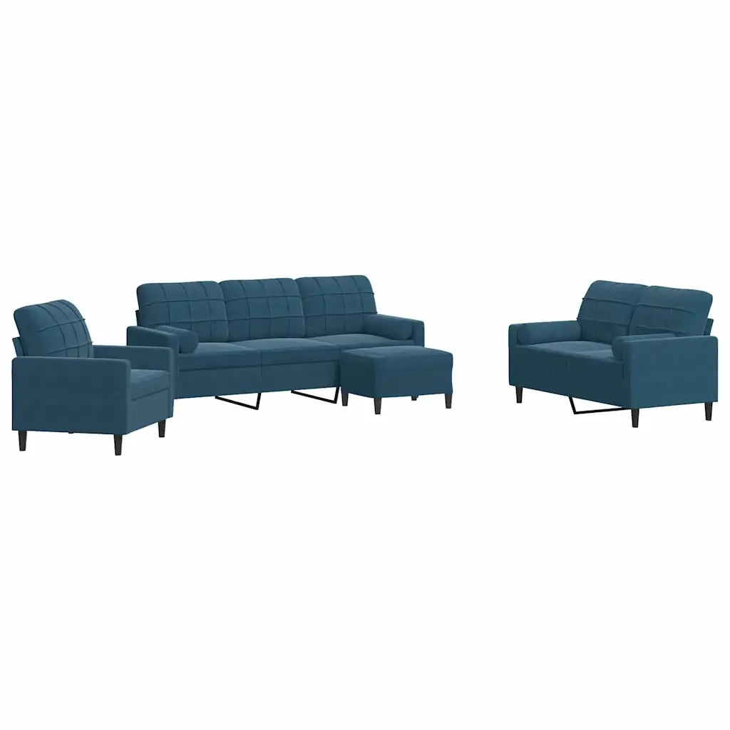 Set di Divani 4 pz con Cuscini e Rinforzi Blu in Velluto