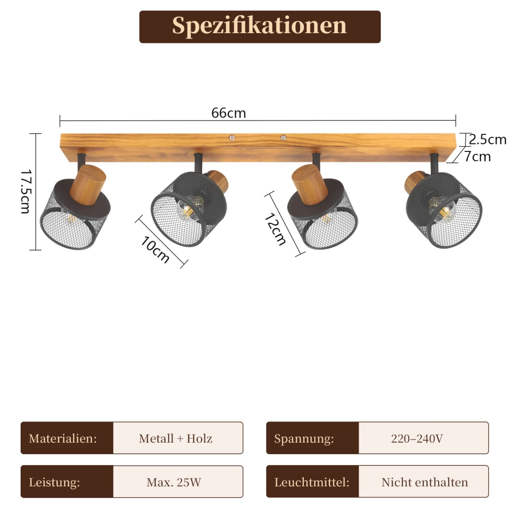 ZMH Faretto da soffitto nero 4 luci E14 stile industriale vintage in metallo ideale per soggiorno lampadine non incluse