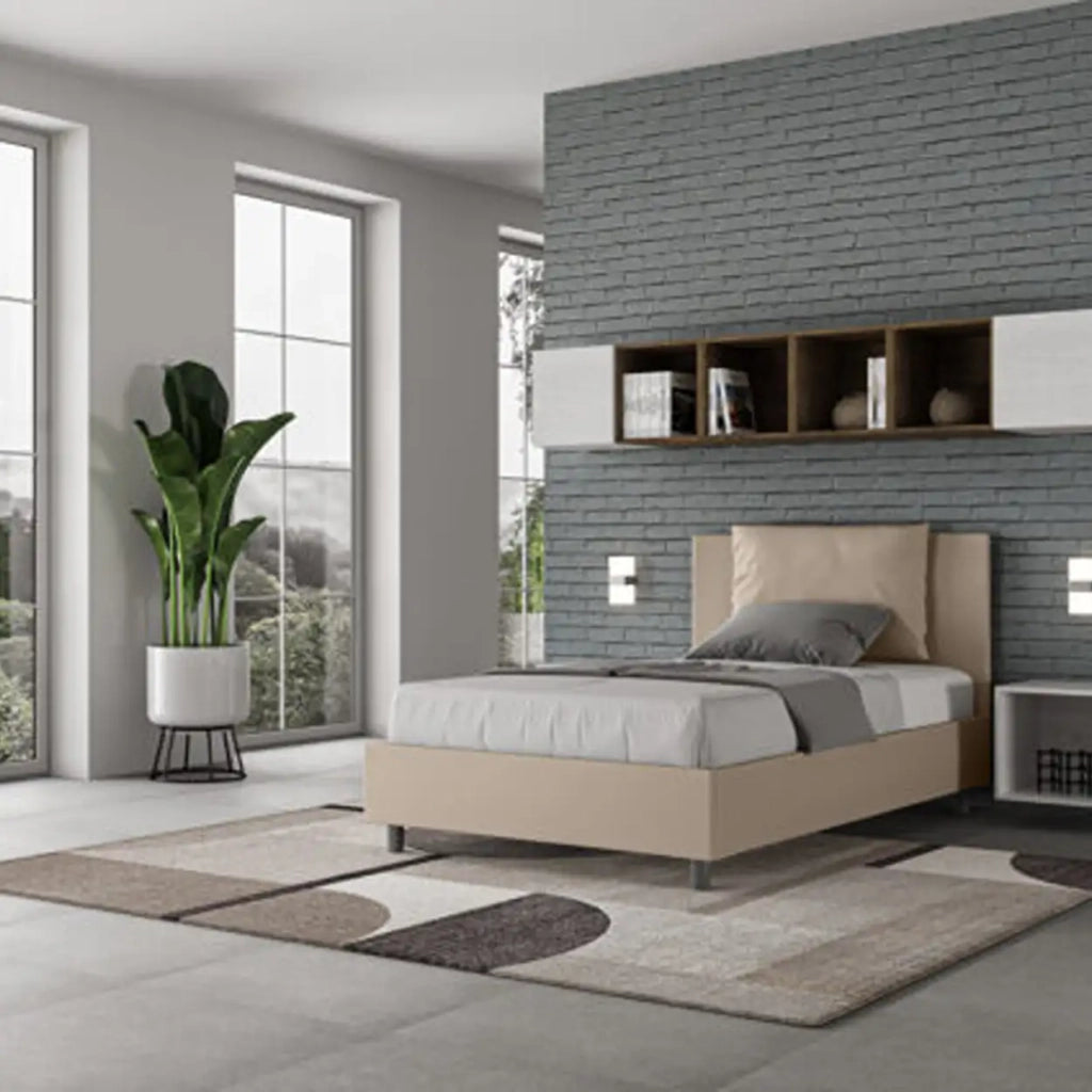 Letto una piazza e mezza contenitore imbottito 120x190 similpelle tortora Antea