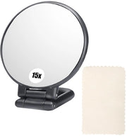 Specchio a mano, 1 panno di pulizia per lenti, specchio a due facce con 15x ingrandimento, specchio pieghevole per trucco e cura della pelle (nero, 15x)