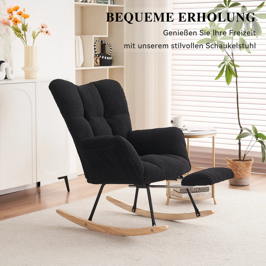 Sedia a Dondolo con Poggiapiedi Pieghevole; Schienale Alto Ergonomico e Braccioli Imbottiti; in Bouclé Nero
