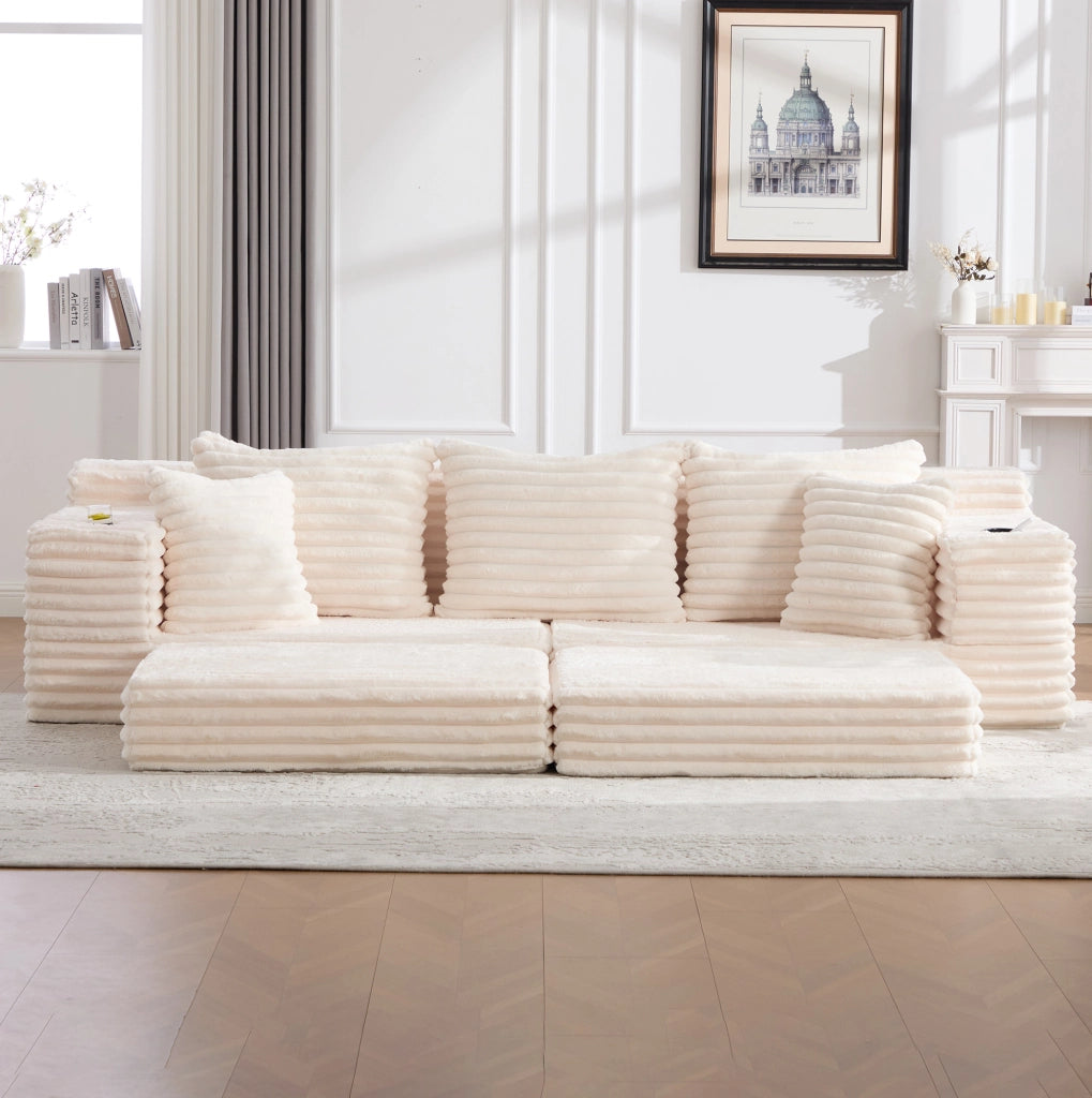 Divano componibile in tessuto corduroy beige 273x98x87 cm; con tasche laterali e portabicchieri