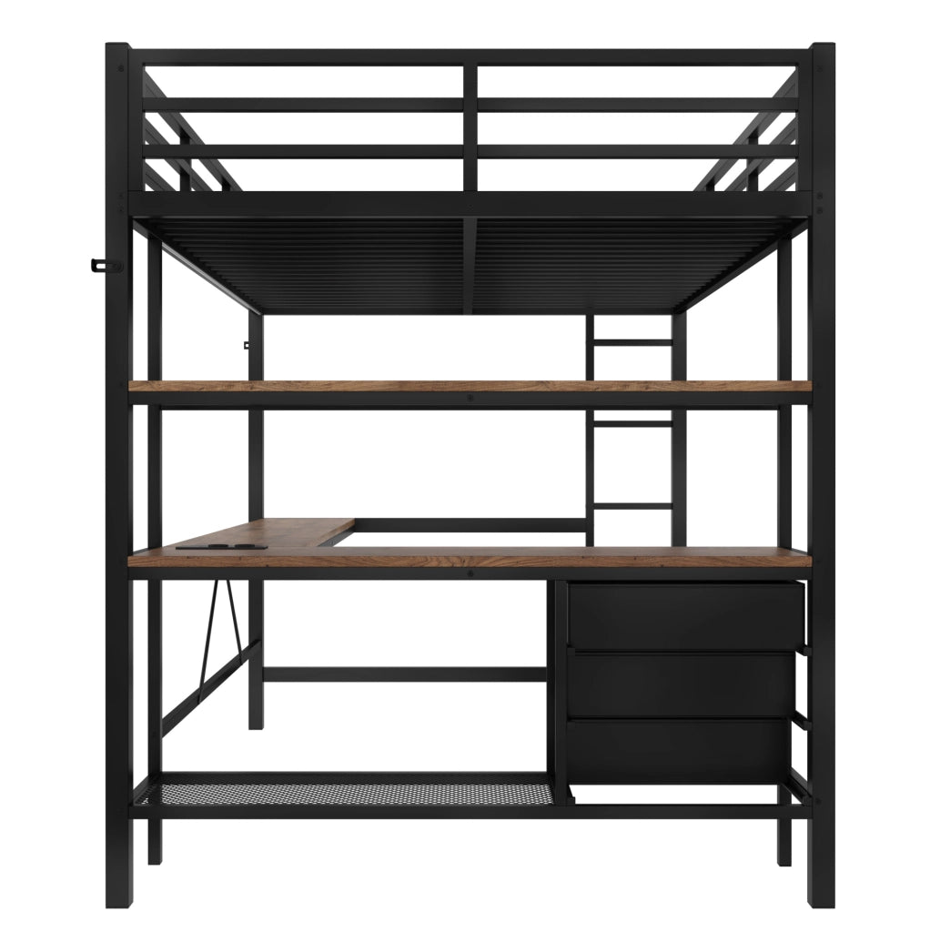 Letto a soppalco 140x200 cm; con scrivania e luci LED; metallo; nero (Senza materasso)