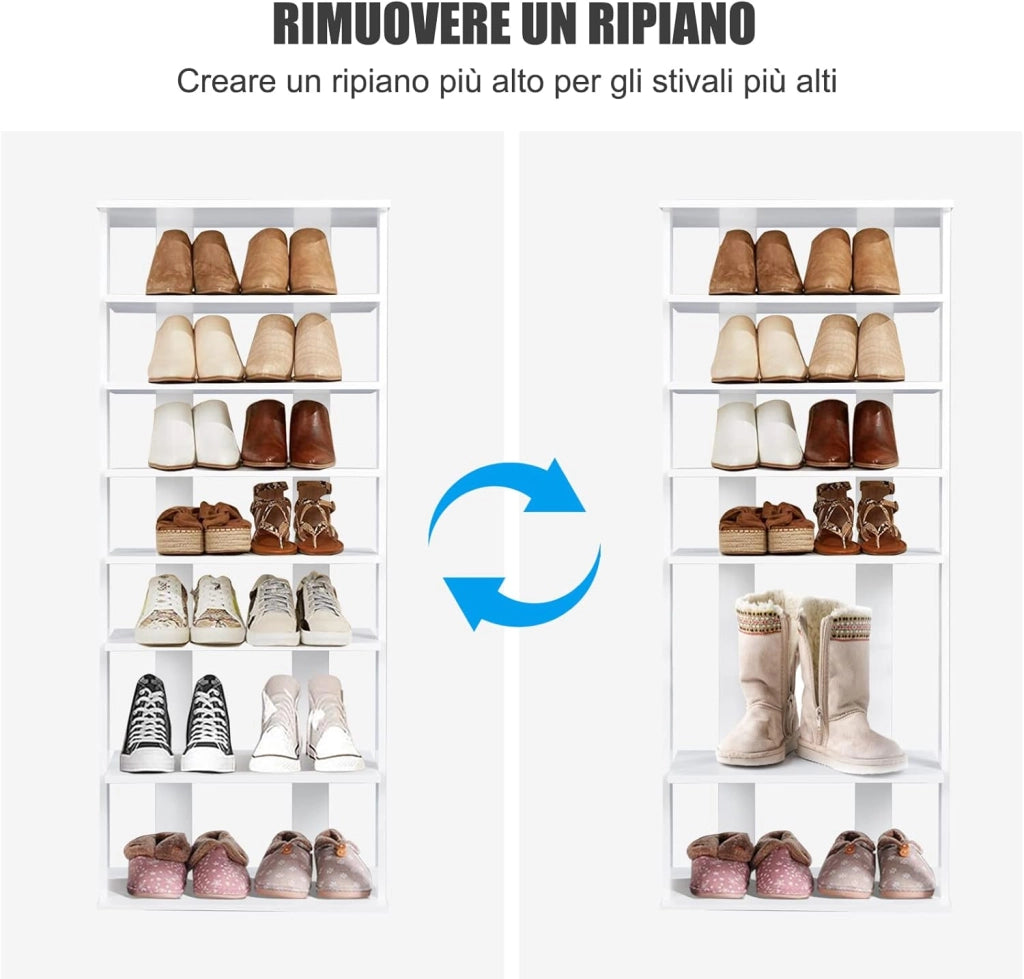 Scarpiera Verticale a 7 Livelli, Organizer per Scarpe in Stile Retrò, con Pannello Rimovibile, Scaffale per Scarpe per Corridoio Ingresso Armadio, 45x25x110 cm (Bianco)