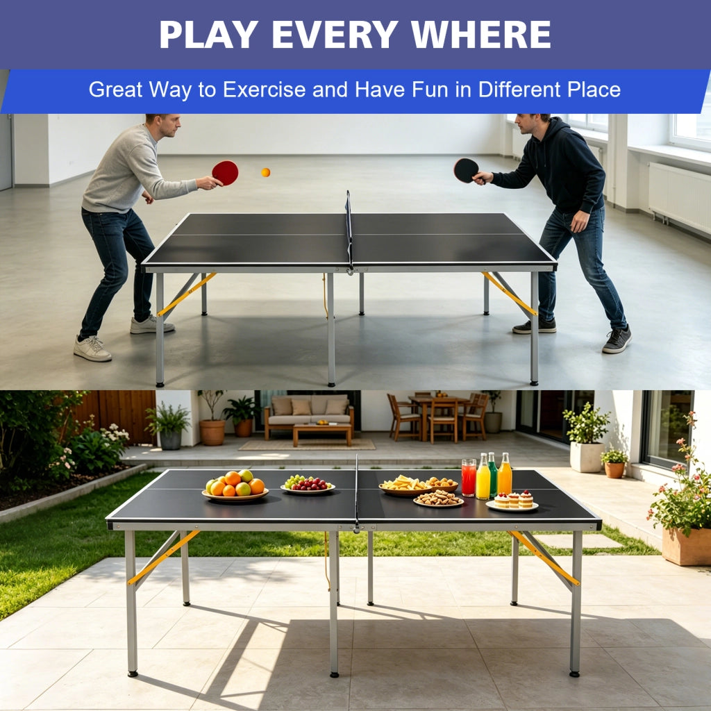 TAVOLO PING PONG 182x91 cm Nero MDF e Acciaio, Set con rete, 2 racchette, 3 palline