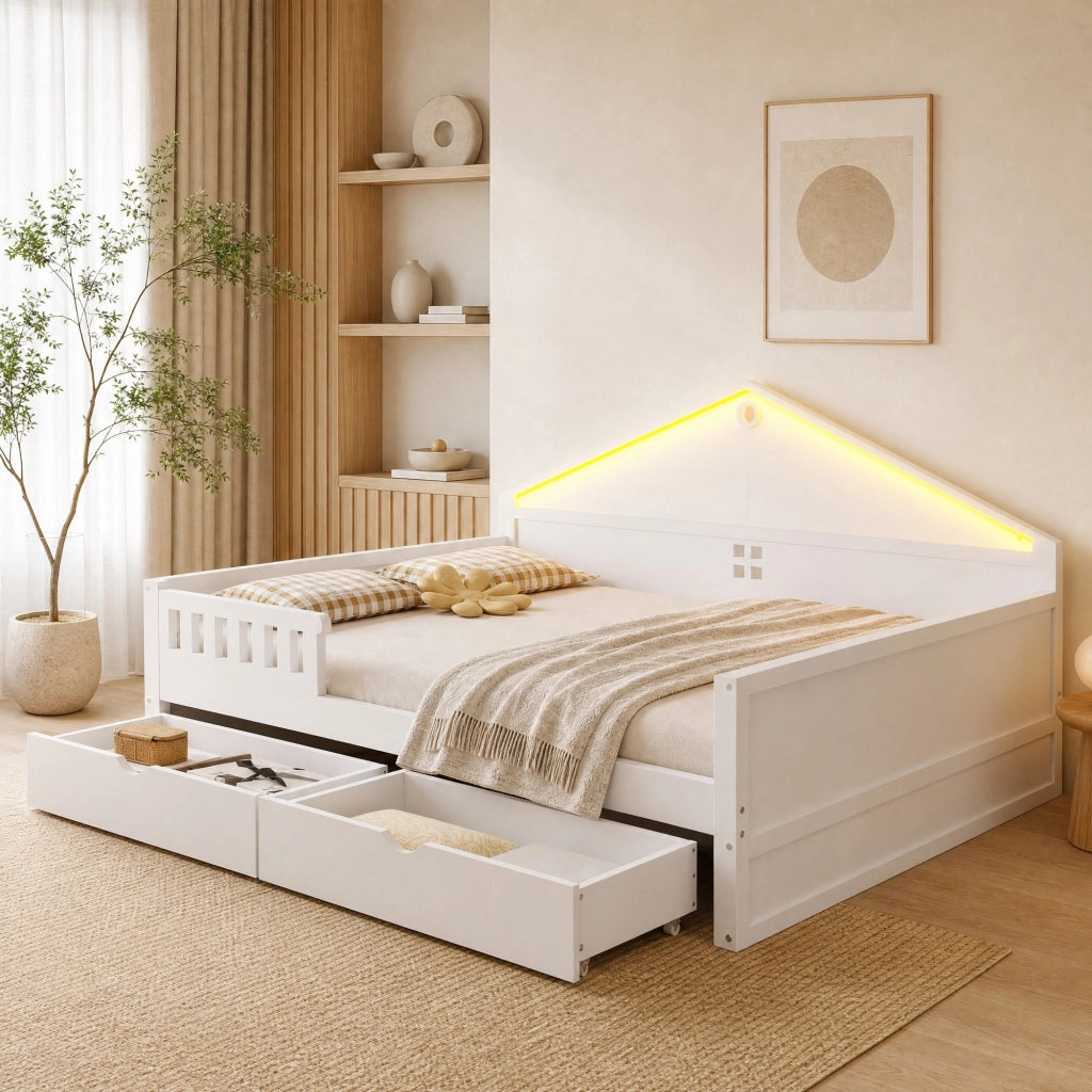 Letto multifunzione per materasso 140×200 cm con striscia LED e 2 cassetti; legno massello e MDF; bianco
