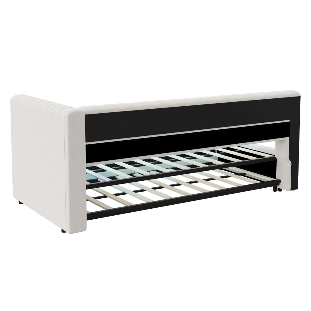 Letto imbottito trasformabile con LED, porte USB e USB-C, 90x200 cm, beige
