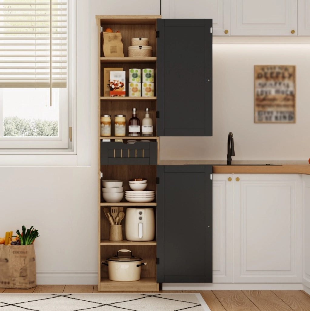 Credenza da cucina 170x40x30 cm in MDF naturale e nero; con 4 ripiani regolabili