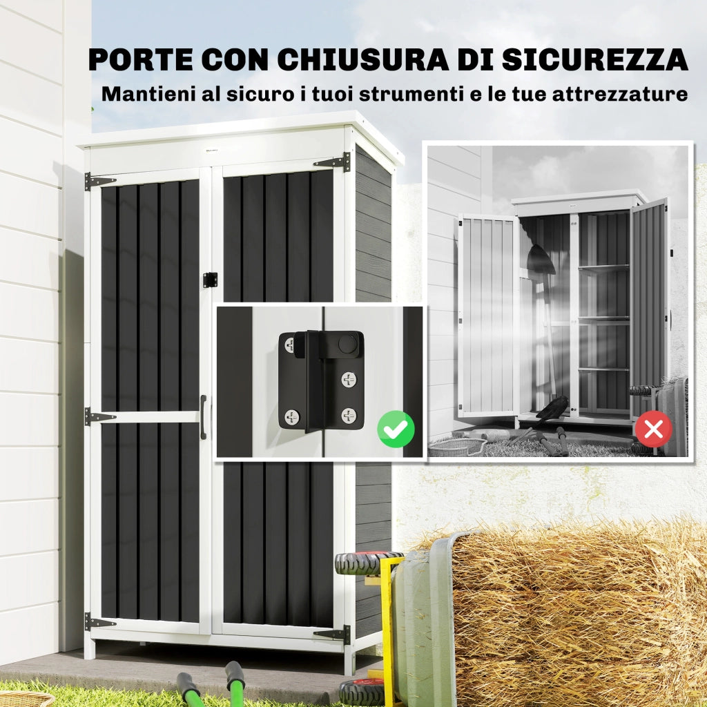 Armadio da Giardino 94x43x166 cm con Ripiani Rimovibili e Porta Bloccabile in Legno e Acciaio Bianco e Nero