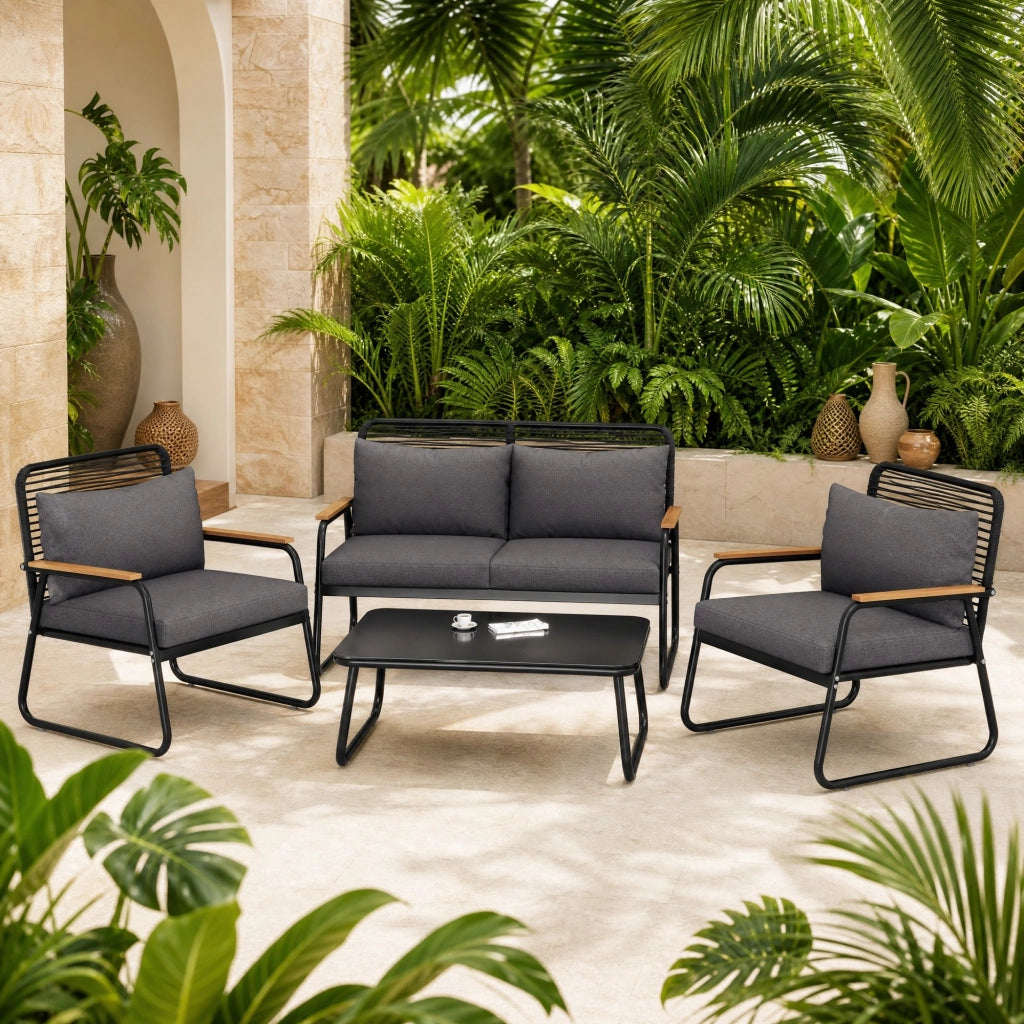 Set lounge da giardino 4 posti con tavolino; struttura in ferro zincato; nero
