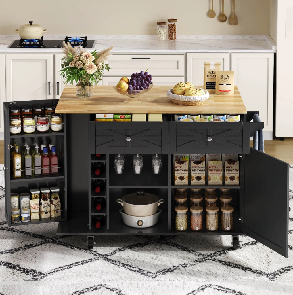 Carrello isola cucina 120x45(70)x89 cm con piano pieghevole in MDF nero