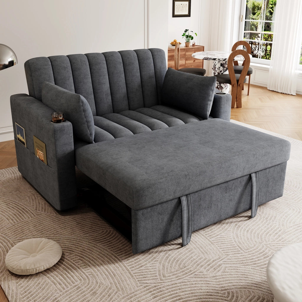 Divano letto 2 posti 136x162x84 cm con schienale regolabile e 2 cuscini in cotone e lino grigio