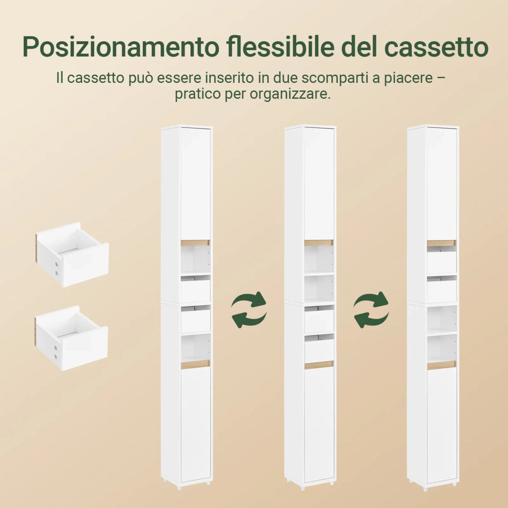 SoBuy BZR151-W Mobile da Bagno per Spazi Stretti - Mobiletto Salvaspazio con Ripiano Regolabile e Cassetto, per Soggiorno e Entrada - Compatto Armadietto Bagno in Legno, Bianco, 20 x 20 x 96 cm