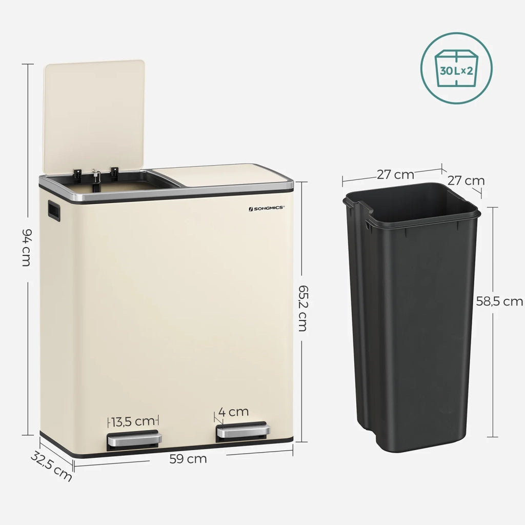 Pattumiera a 2 pedali con doppio scomparto 2 x 30 litri acciaio inox anti-impronta secchio interno in plastica con manico bianco 12_0007158