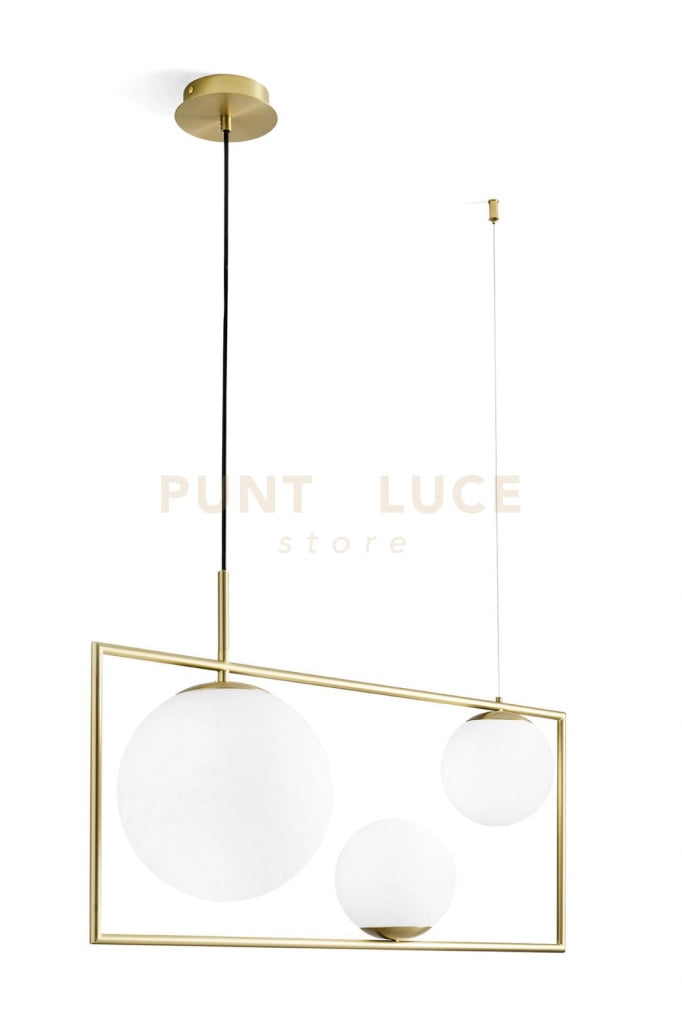 BUBLE SOSPENSIONE TRE SFERE COLORE OPALINO MONTATURA ORO ATTACCO E27