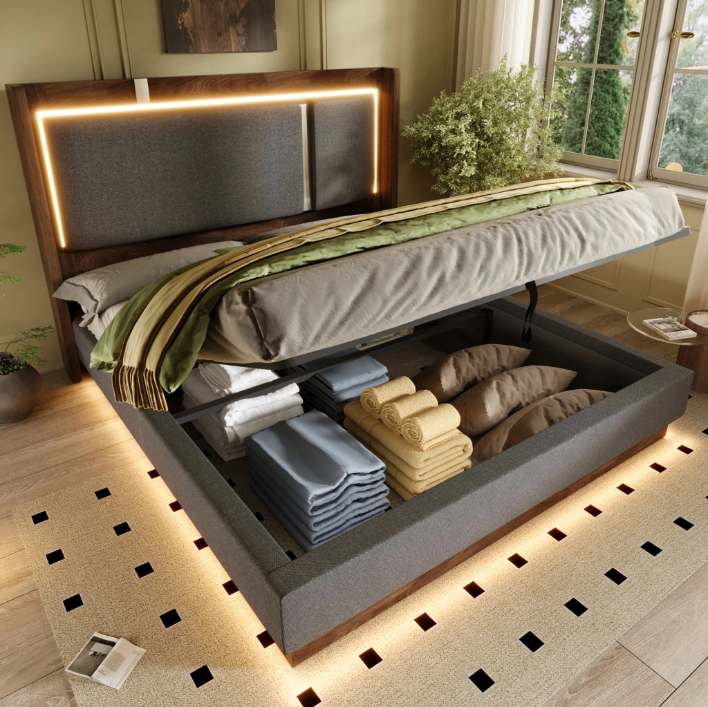 Letto matrimoniale 140x200 cm imbottito con LED; contenitore idraulico; grigio e noce