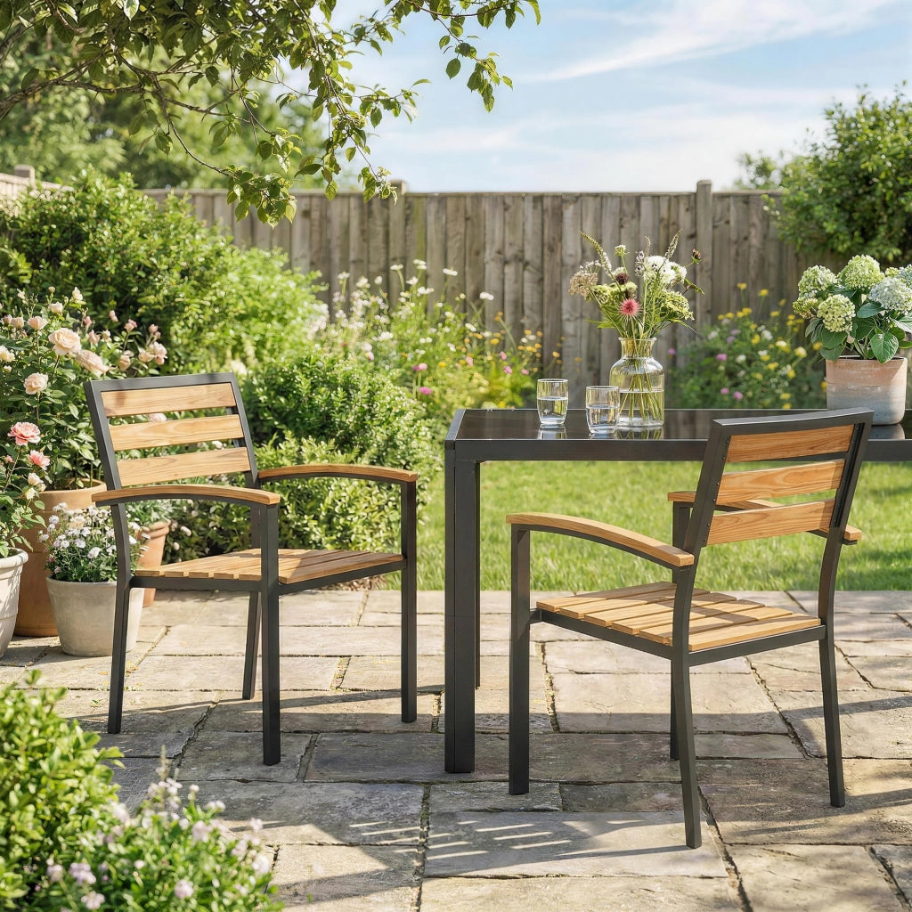 Set 2 Sedie Impilabili da Esterno 56x59x84 cm in Legno e Acciaio Colore Legno e Nero