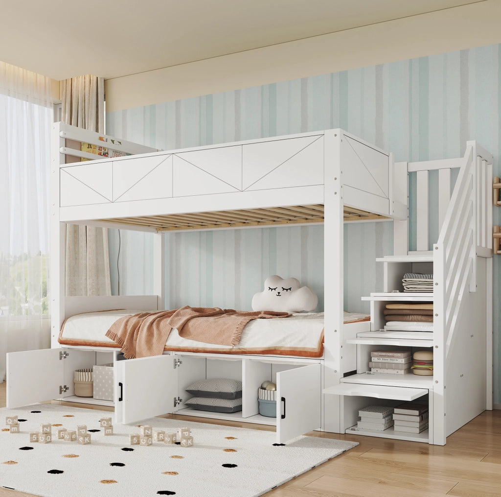 Letto a castello 90x200 cm bianco con scala contenitore e vani chiusi HAVRYA