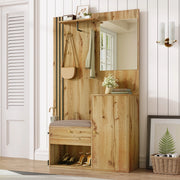 Set mobili ingresso con scarpiera, specchio, seduta imbottita e portaombrelli laterale, MDF naturale