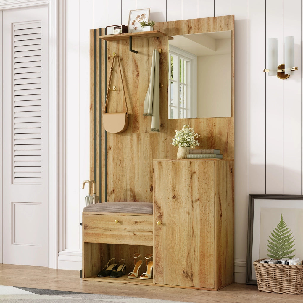Set mobili ingresso con scarpiera, specchio, seduta imbottita e portaombrelli laterale, MDF naturale