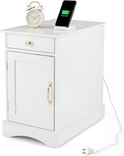 Comodino Camera da Letto, Tavolino Laterale da Divano con Cassetto, Vassoio Rimovibile, Stazione di Ricarica Nascosta e Ripiano Regolabile, Mobiletto Salvaspazio per Soggiorno (Bianco)