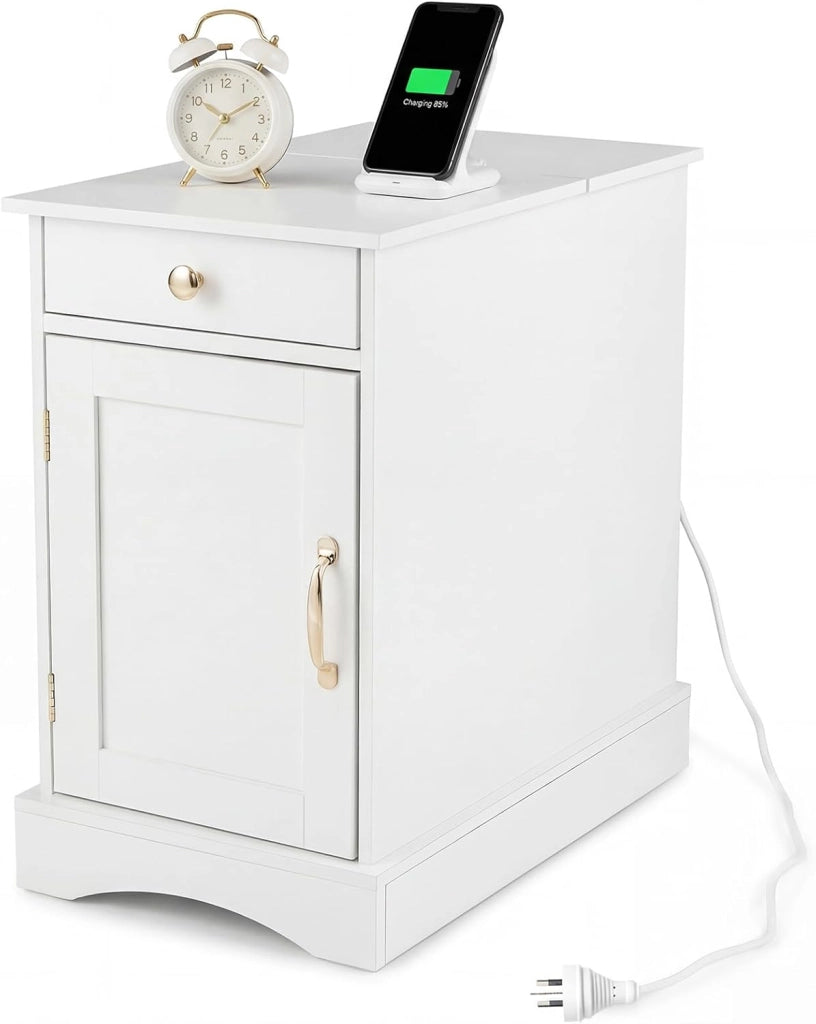 Comodino Camera da Letto, Tavolino Laterale da Divano con Cassetto, Vassoio Rimovibile, Stazione di Ricarica Nascosta e Ripiano Regolabile, Mobiletto Salvaspazio per Soggiorno (Bianco)