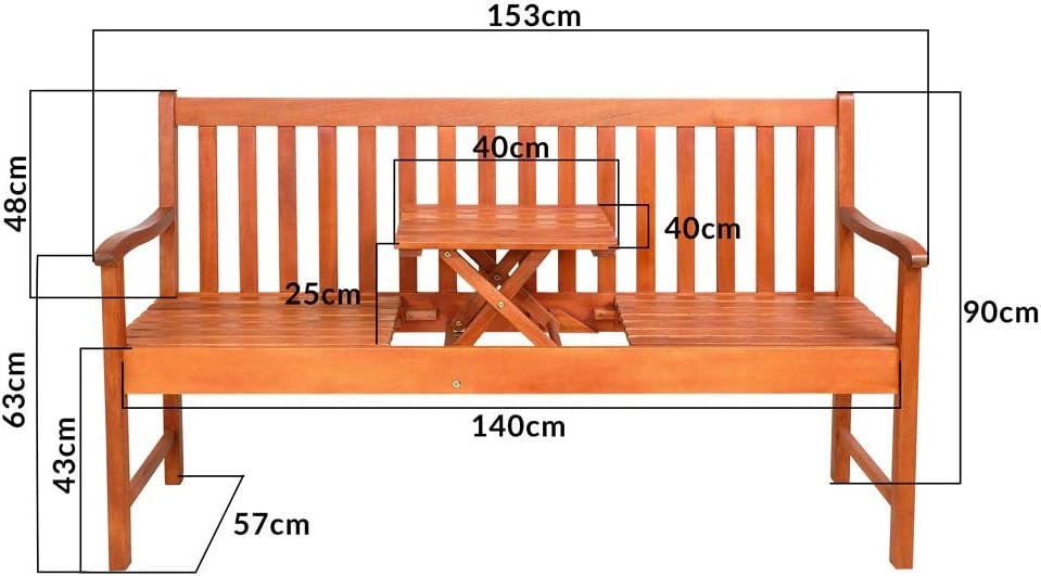 Panca da Giardino Resistente Incl. Tavolo Pieghevole in Legno di Eucalipto FSC® 153x57x90cm Panchina 3 Posti